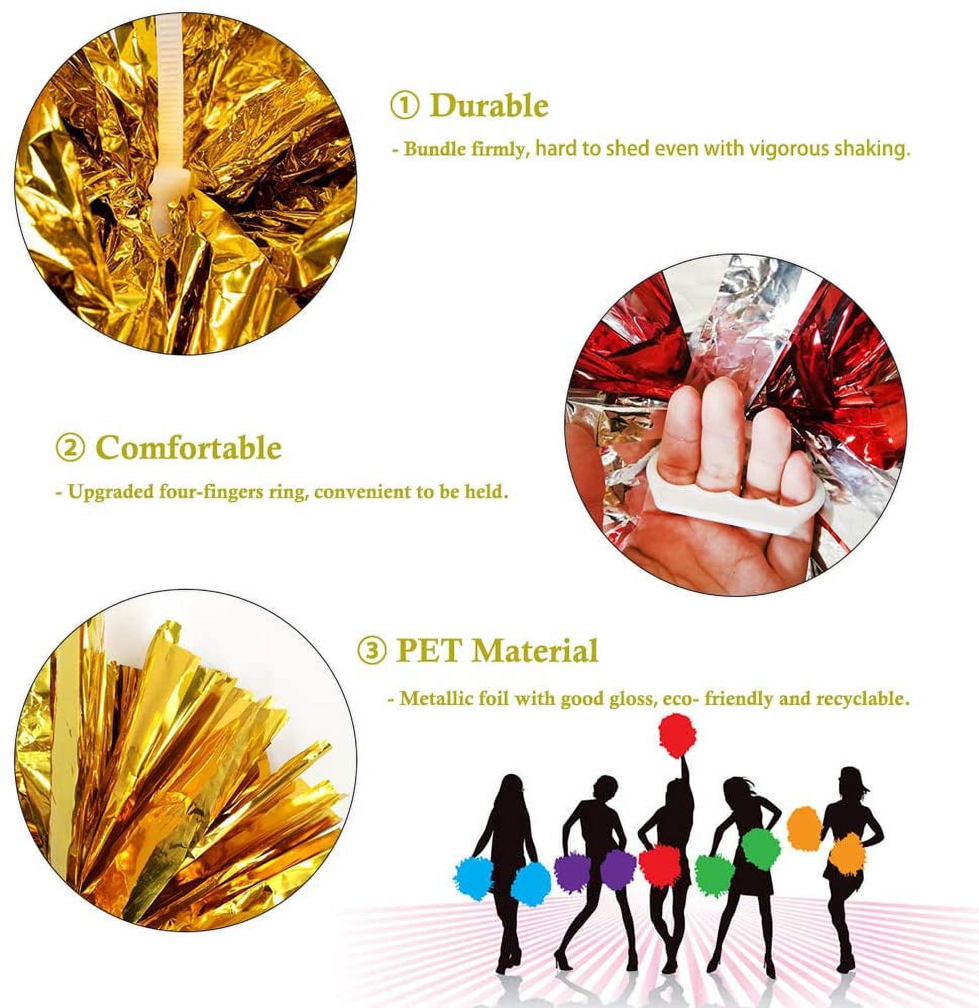LINLIN 4 Packs Cheerleading Pom Poms with Finger-friendly Ring, Bright Metallic Cheerleader Pompoms, Premium Cheering Squad Hand Flowers for Sports Game Dance Dress Party