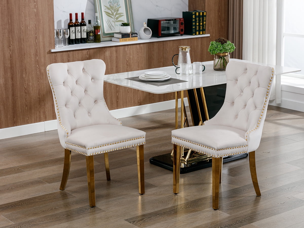 ODUSE-DAILY Beige Velvet Dining Chairs Set of 4, Kitchen & Dining Room Chairs, Nailheads Tufted, Sillas De Comedor, Fabric Upholstered, Golden Metal Legs (Beige, 4 Pcs)