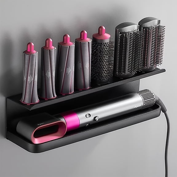 Wall-Mounted Hair Dryer and Styler Organizer Rack - 7-Slot Aluminum Holder for Curling Irons, Straighteners, and Blow Dryers with Pink Accents, Space-Saving Bathroom Storage Solution