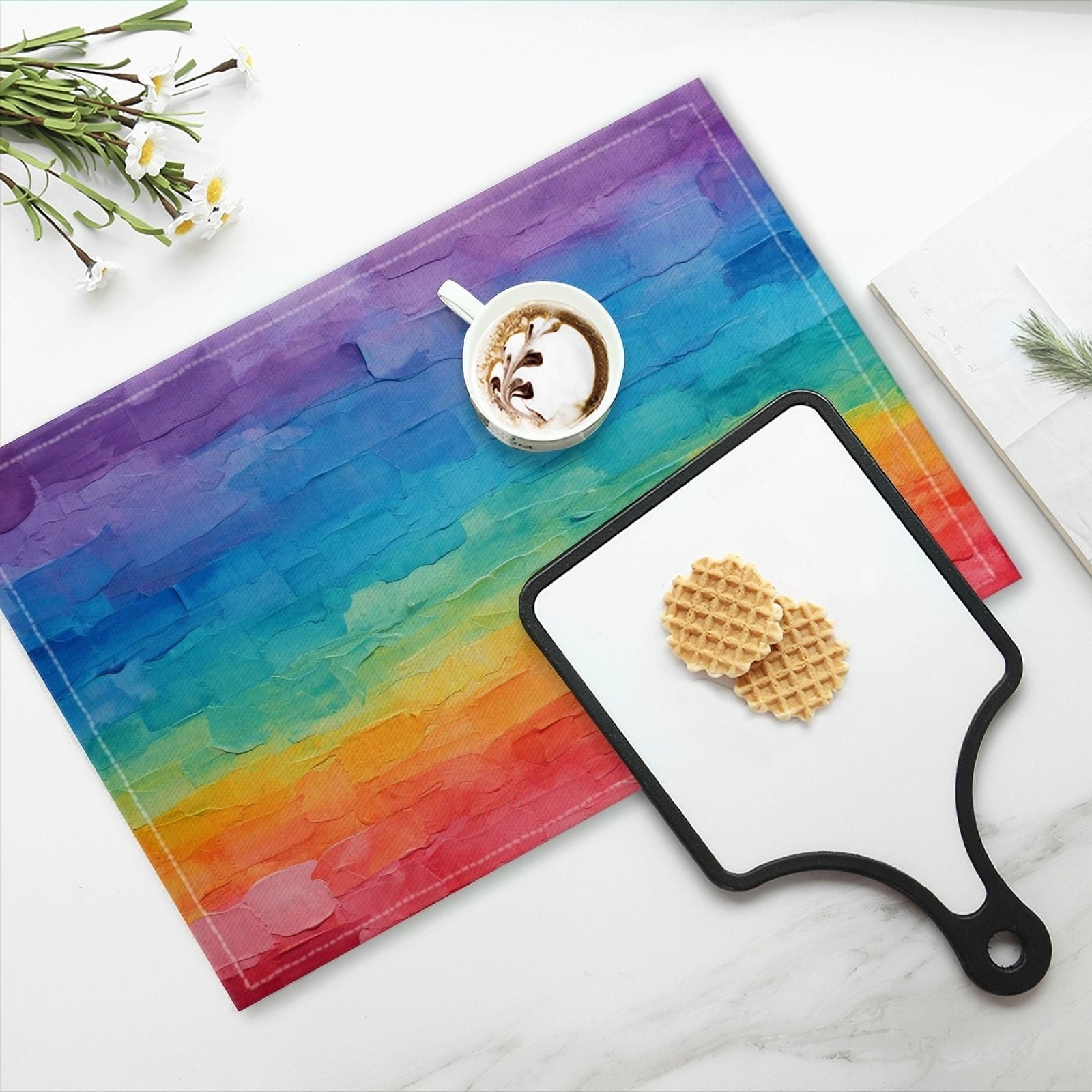BaHomeck placemats Set of 4 Abstract Rainbow Textured Oil Painting Cotton Linen rectangle Placemats for Kitchen Dining Table Indoor,Outdoor,18*12inch