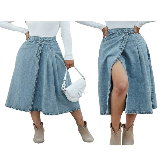 Long Denim Skirts for Women Maxi High Waist Pleated A-line Skirt Jean Skirt
