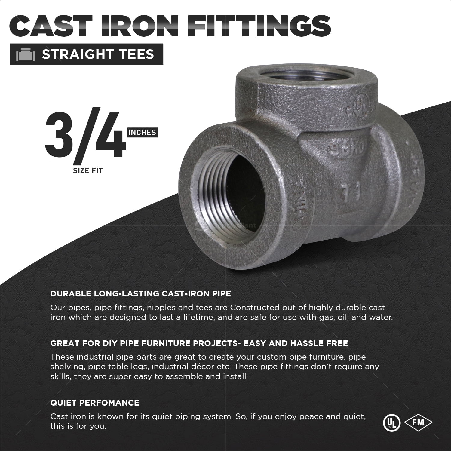 Supply Giant 3/4" Black Pipe Fitting Tee for Industrial Piping or DIY Projects, Cast Iron