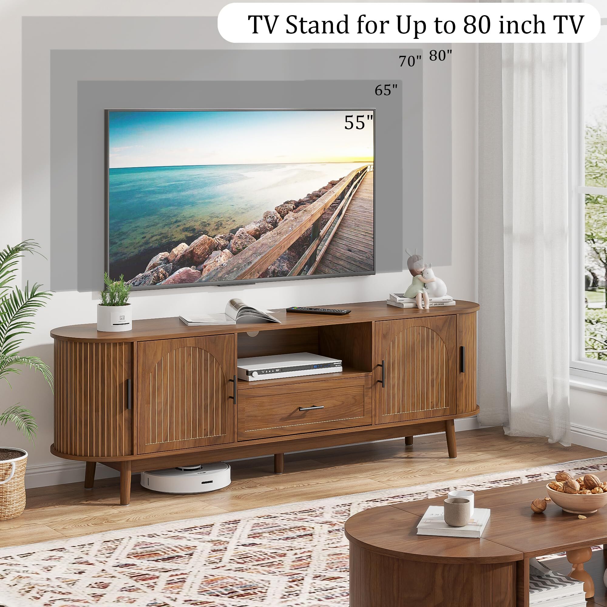 70" Fluted TV Stand for 80" TVs, Mid-Century Entertainment Center with Drawers & Sliding Doors, Curved Media Console