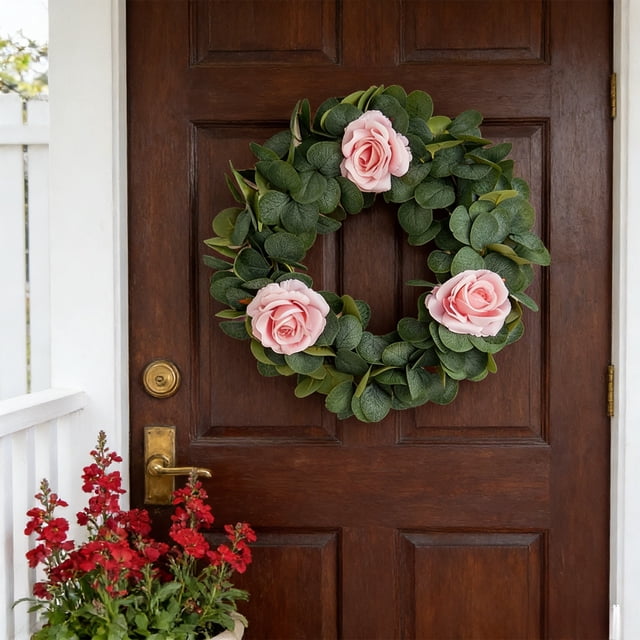 Plantes Artificielles Vertes 42cm Couronne de Roses Rose Blanc Rouge Plastique Fleurs Réalistes Durables Résistantes aux Intempéries Décoration de Fête pour Porte d'Entrée Mur Intérieur Extérieur Maison Toute l'Année Arrangement Floral