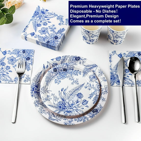 ​​"250-Pc Blue Floral Tableware Set - Plates, Napkins & Cups for 50 Guests - Wedding, Baby Shower & Party Supplies"​​
