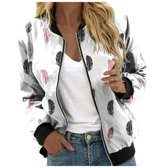 Pimfylm Women's Casual Floral Zip Up Bomber Jacket Coat Lightweight Short Camo No Lining Outwear Tops Windbreaker with Pocket White, M