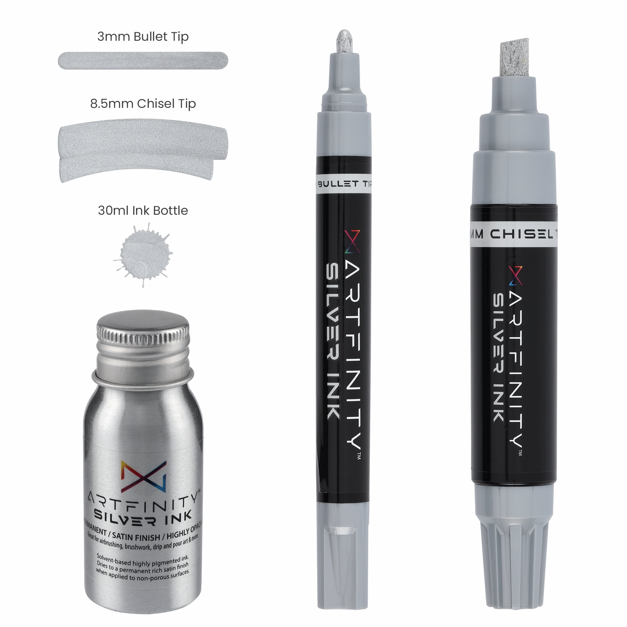 Artfinity Rich Metallic Markers - Professional Metallic Markers for Artists, Drawing, CAlligraphy, & More! - [Silver - 8.5mm Chisel Nib - 3 Pack]