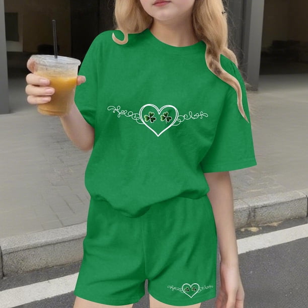 Conjuntos de blusas y camisas de cuello redondo y manga corta para niños Conjunto de dos piezas de blusas de cuello redondo y manga corta con estampado del Día de San Patricio para niños Niños poliést