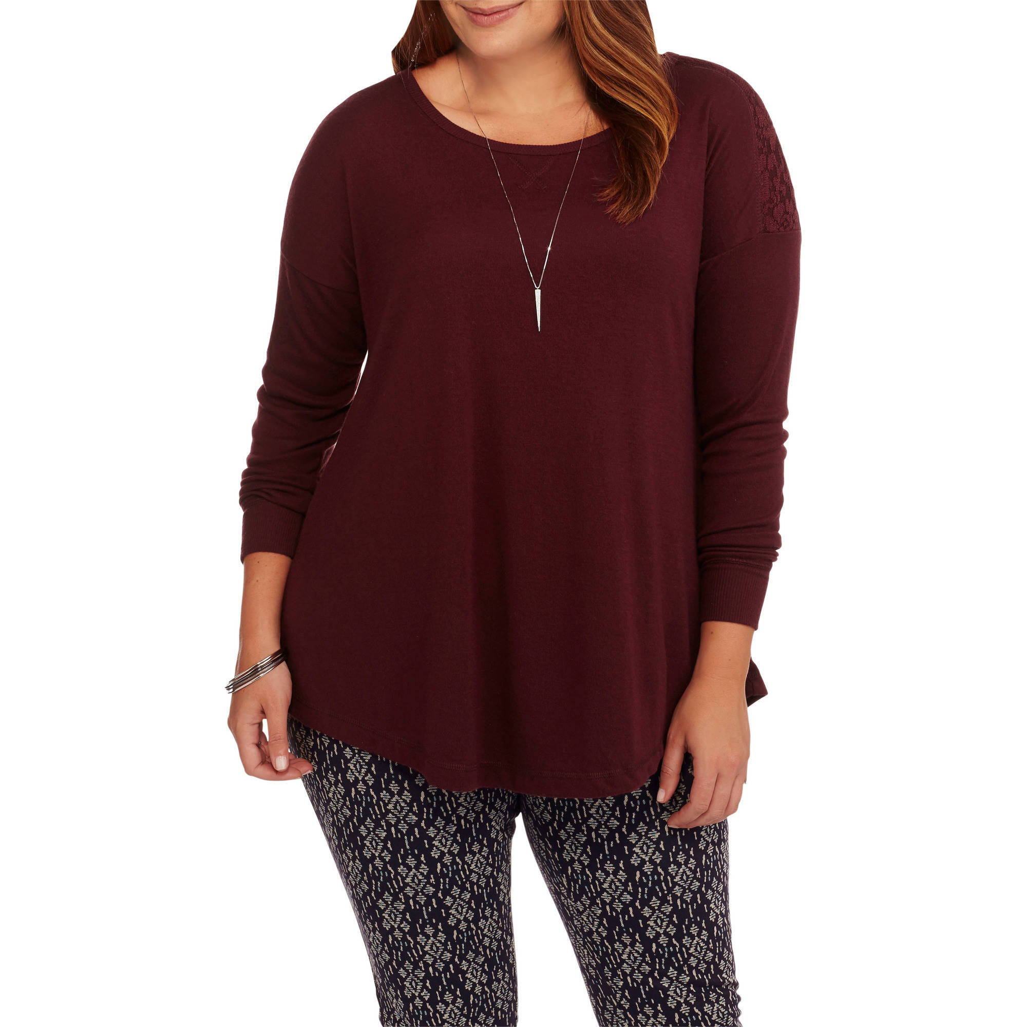 Women's Plus Crew Neck Swing Top with Lace Trim