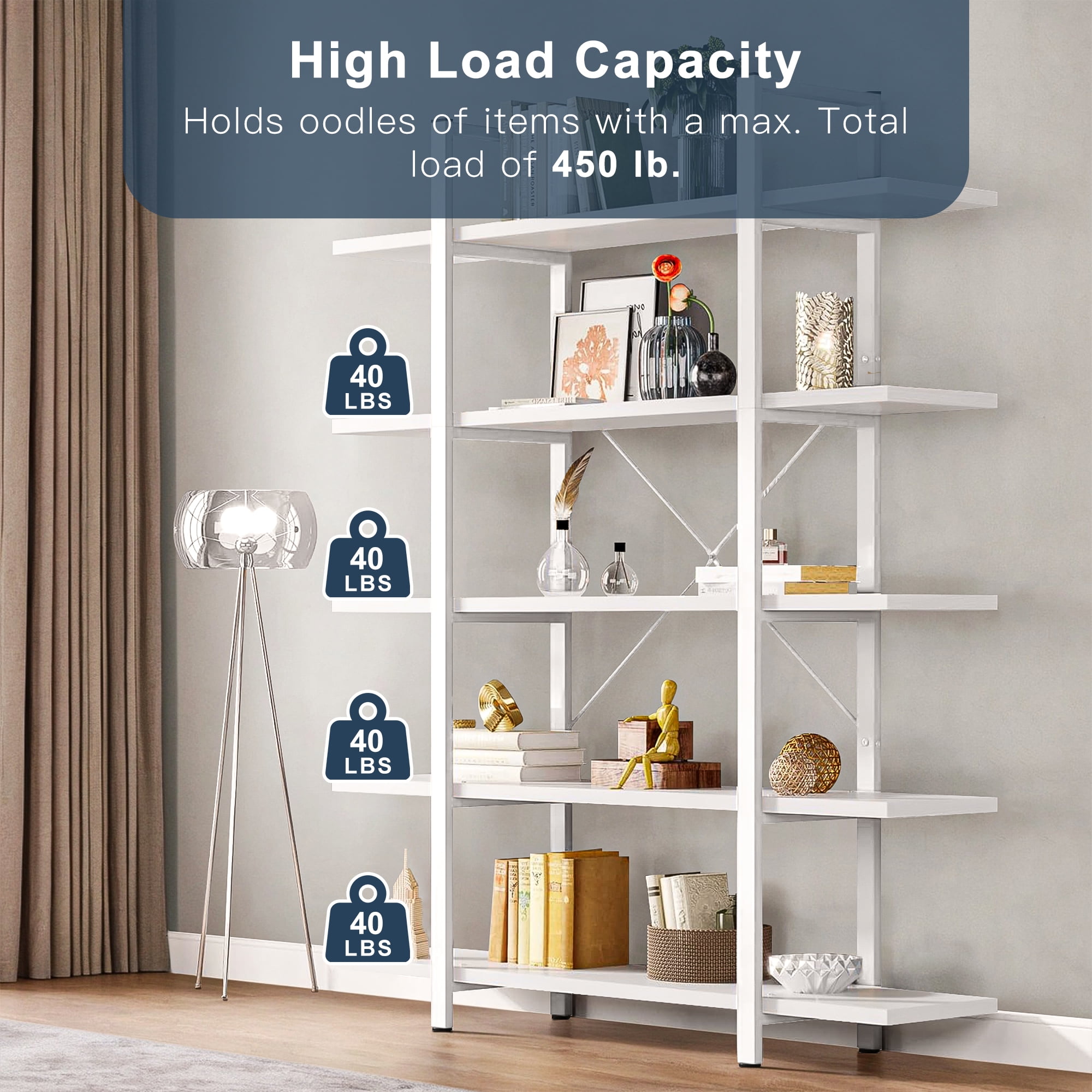 Demi Bonn 5 Tier Bookshelf, Bookshelves, Open Etagere Bookcase Shelf Storage Organizer, Free Standing Storage Shelving Unit for Bedroom, Living Room and Home Office, White