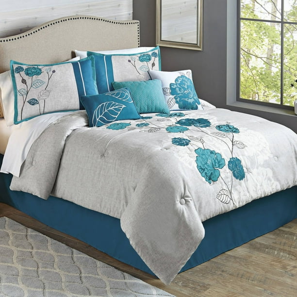 Better Homes & Gardens King Blooming Roses Teal Comforter Set, 7 Piece