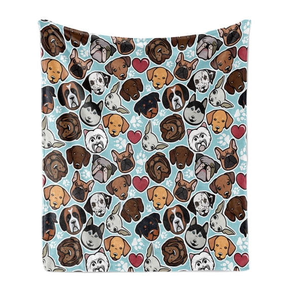 Dog Lover Soft Flannel Fleece Throw Blanket, Canine Breeds Bulldog Chihuahua Siberians and Retriever Love Heart Paw Prints, Cozy Plush for Indoor and Outdoor Use, 60" x 80", Multicolor, by Ambesonne