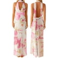 thumbnail image 2 of Rdhnmea Women Halter V Neck Floral Maxi Dress with Scarf Sexy Open Back Bodycon Satin Long Dresses Summer Going Out Beachwear, 2 of 9