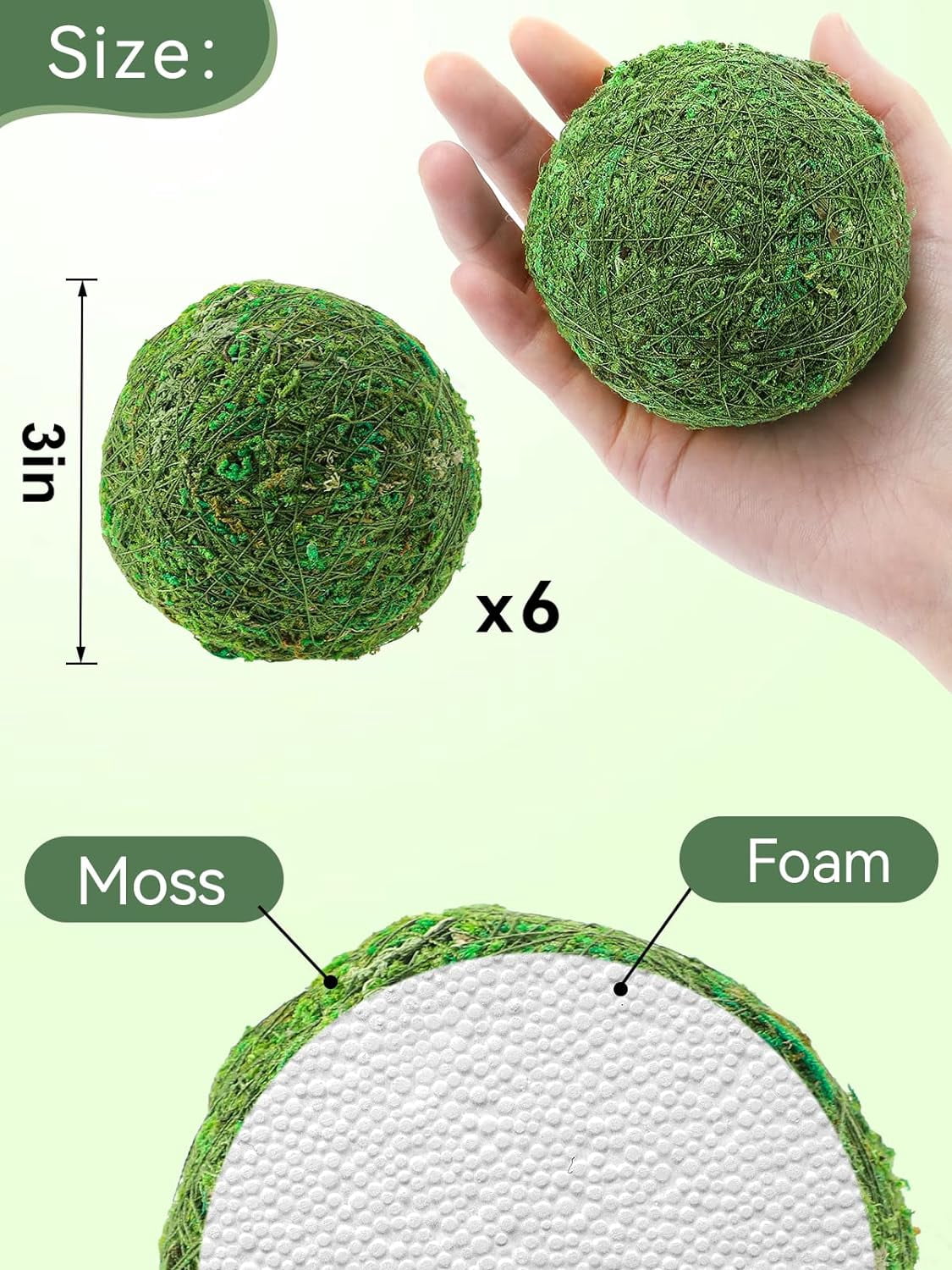 6Pack Decorative Faux Dried Moss Balls- 3" Artificial Green Plant Mossy Globes Handmade Sphere Moss Gift for Home Dough Bowl Vase Chinoiserie Decors Party Wedding Display