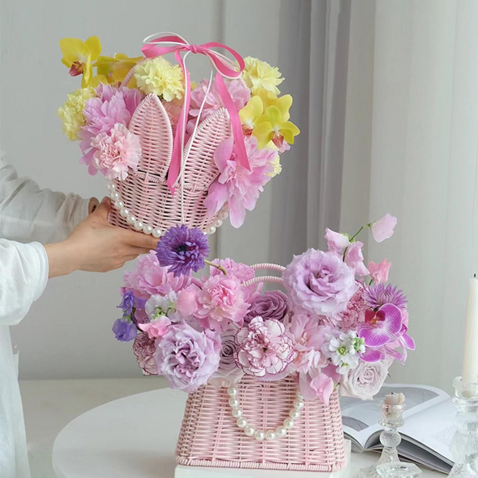 COM1950s Easter Plastic Flower Basket with Handles, Bunny Ear Storage Basket for Decor, Versatile Home Organization for Snacks, Toys, Living Room, Bedroom, Pink