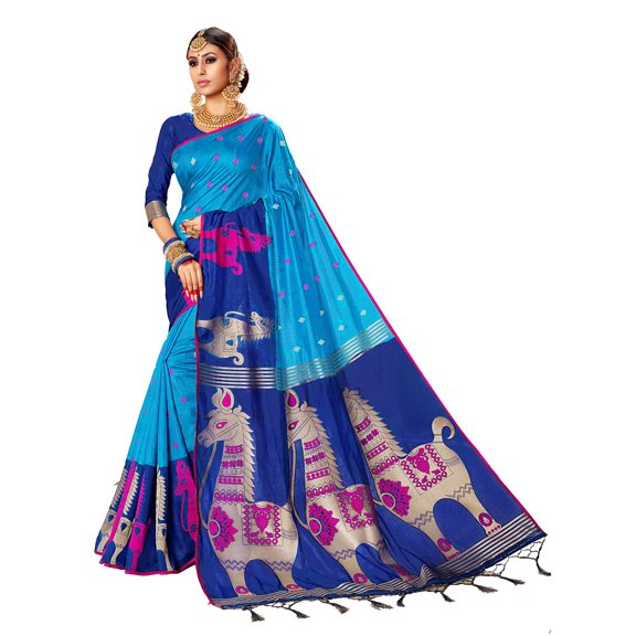 Sarees for Women Linen Banarasi Art Silk l Indian Rakhi Wedding Diwali Gift Sari with Unstitched Blouse Turquoise