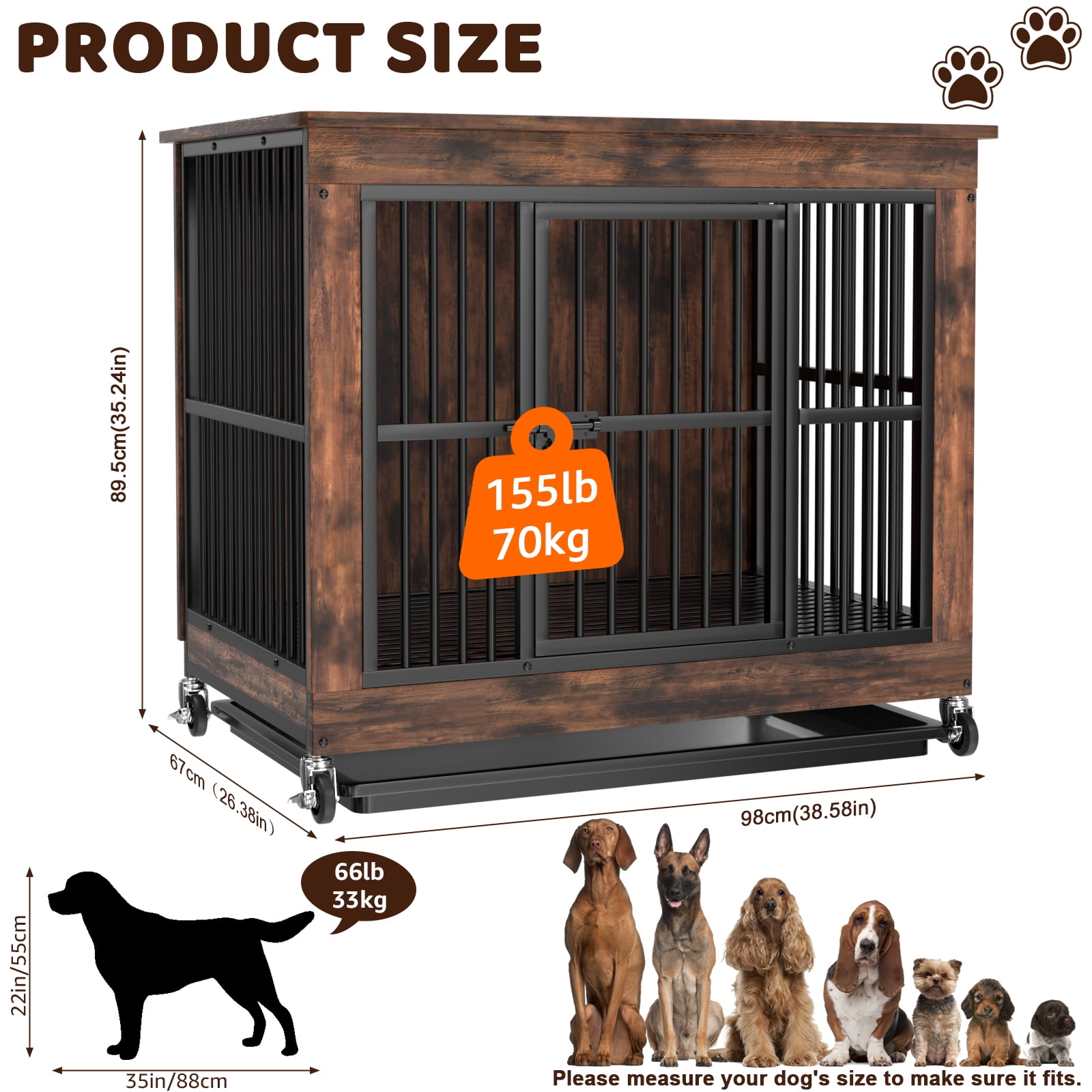 PRIJESSE 39 Inch Chew Proof Dog Crate Furniture, Rustic Brown Wooden End Table with Removable Top & Pull-Out Tray for Large Dogs, Indoor Kennel House