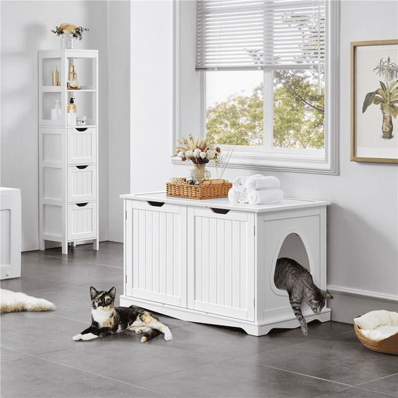 Alden Design Wooden Cat Litter Box Side Table Washroom Storage Bench with Divider, White