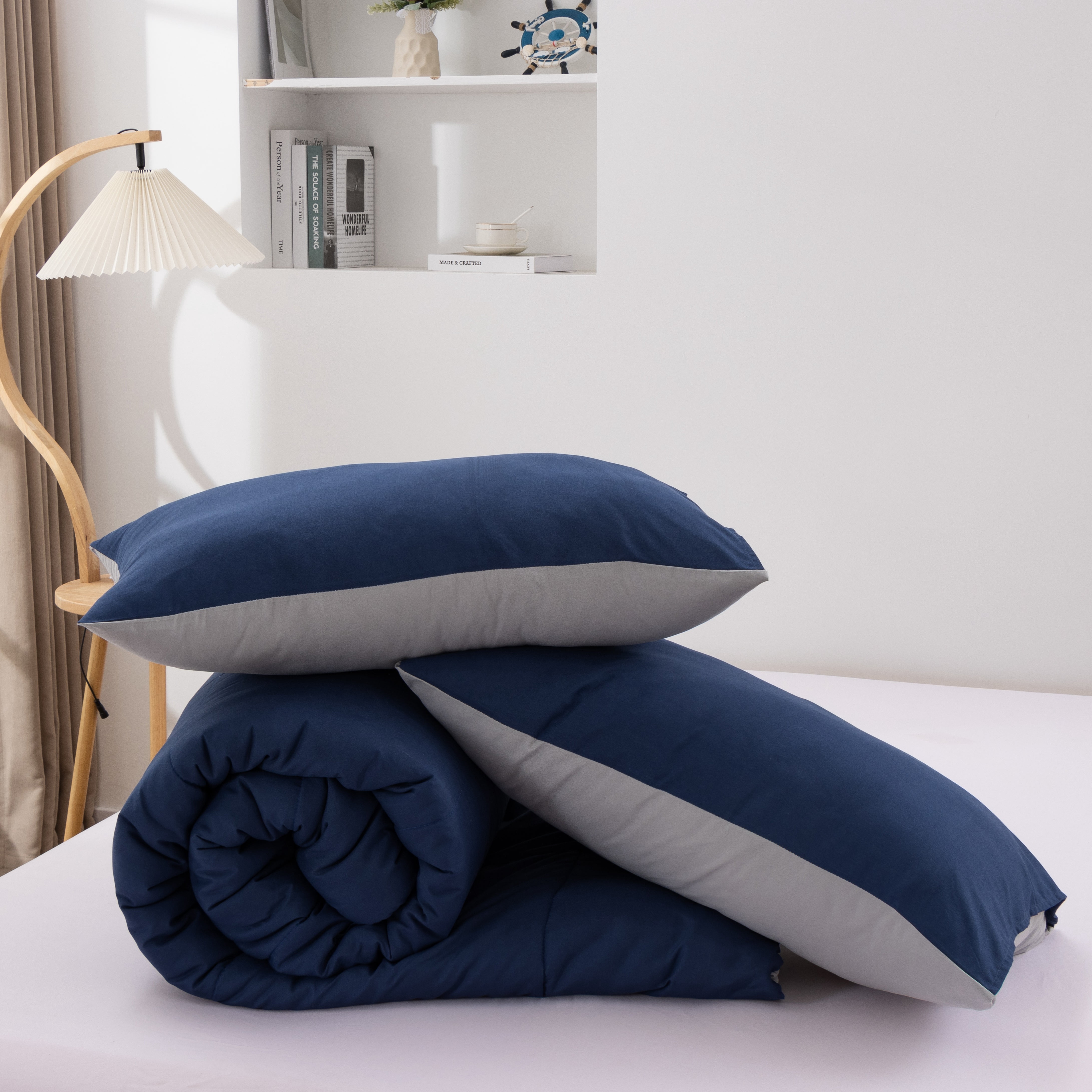 King Comforter Set All Season Reversible Bed Set with 2 Pillow Cases 3 Pieces Bedding Sets Down Alternative Blue/Gray Comforters
