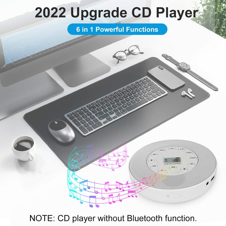 Portable CD Player with Speakers - Bluetooth CD Player  Portable,Rechargeable Anti-Skip Walkman CD Music Player for Car/Travel with  Headphones and AUX