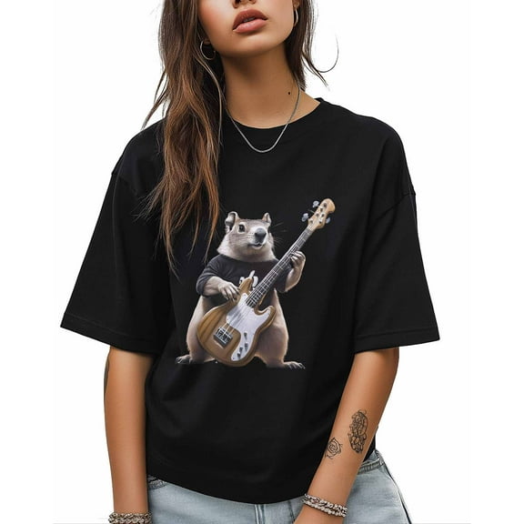 T Shirts for Women Short Sleeve Cotton Crewneck T-Shirt, Groundhog Playing Bass Animal Funny Tee Tops Casual Basic T-Shirts, XS-5XL Black M