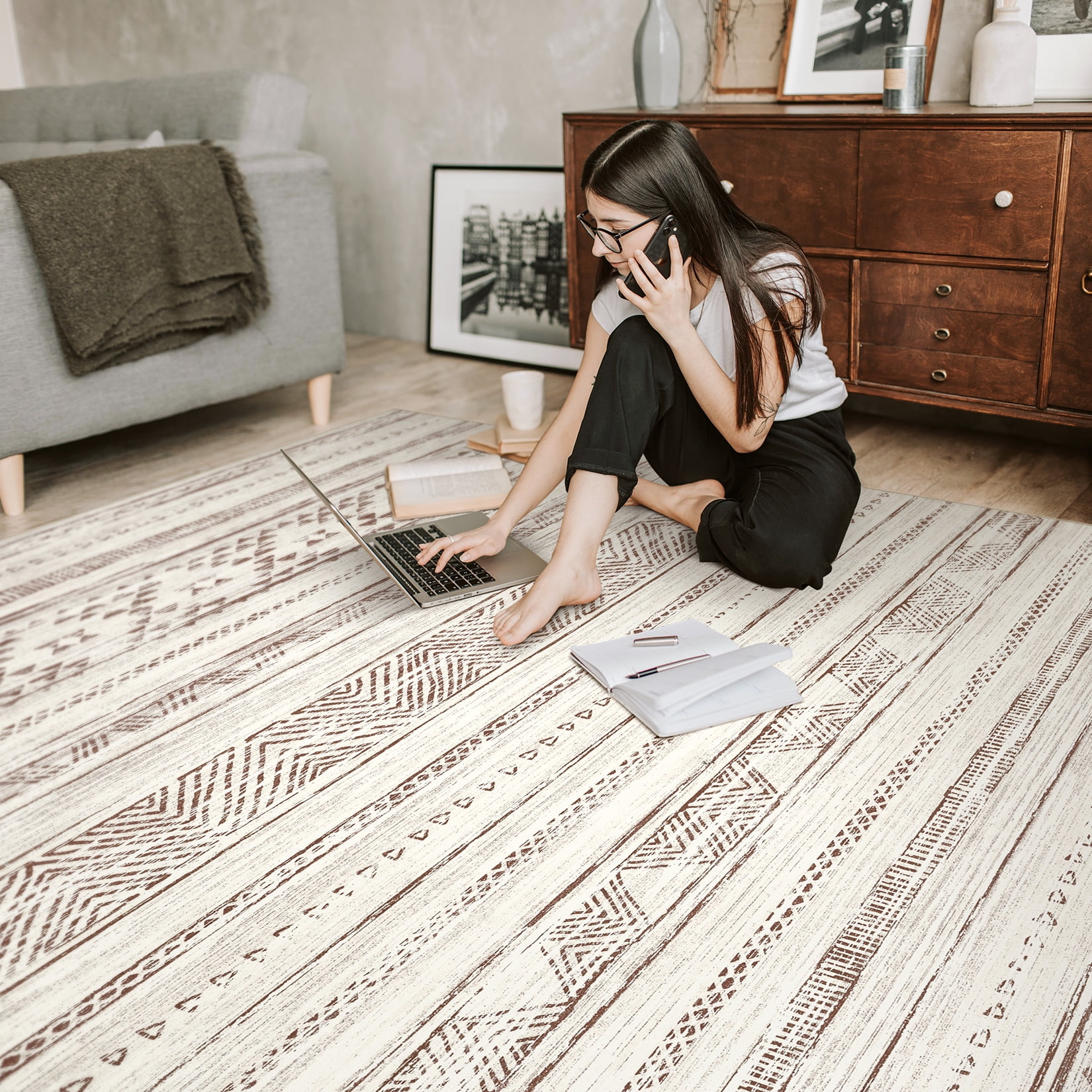 Toyoso 5x7 Area Rug Living Room Rugs - Washable Large Soft Boho Neutral Geometric Moroccan Modern Rug for Bedroom Dining Room Home Office Non Slip Low Pile Farmhouse Carpet Indoor - Brown