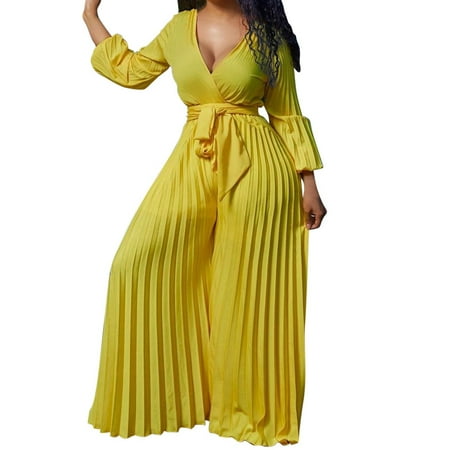 snowsong Women s Jumpsuits  Rompers and Overalls 2024 New Women s Solid Off-Shoulder V Neck Long Sleeve Wide Leg Bodysuit Jumpsuits for Women Plus Size Jumpsuit Jumpsuits Casual (Clearance) Yellow 2XL