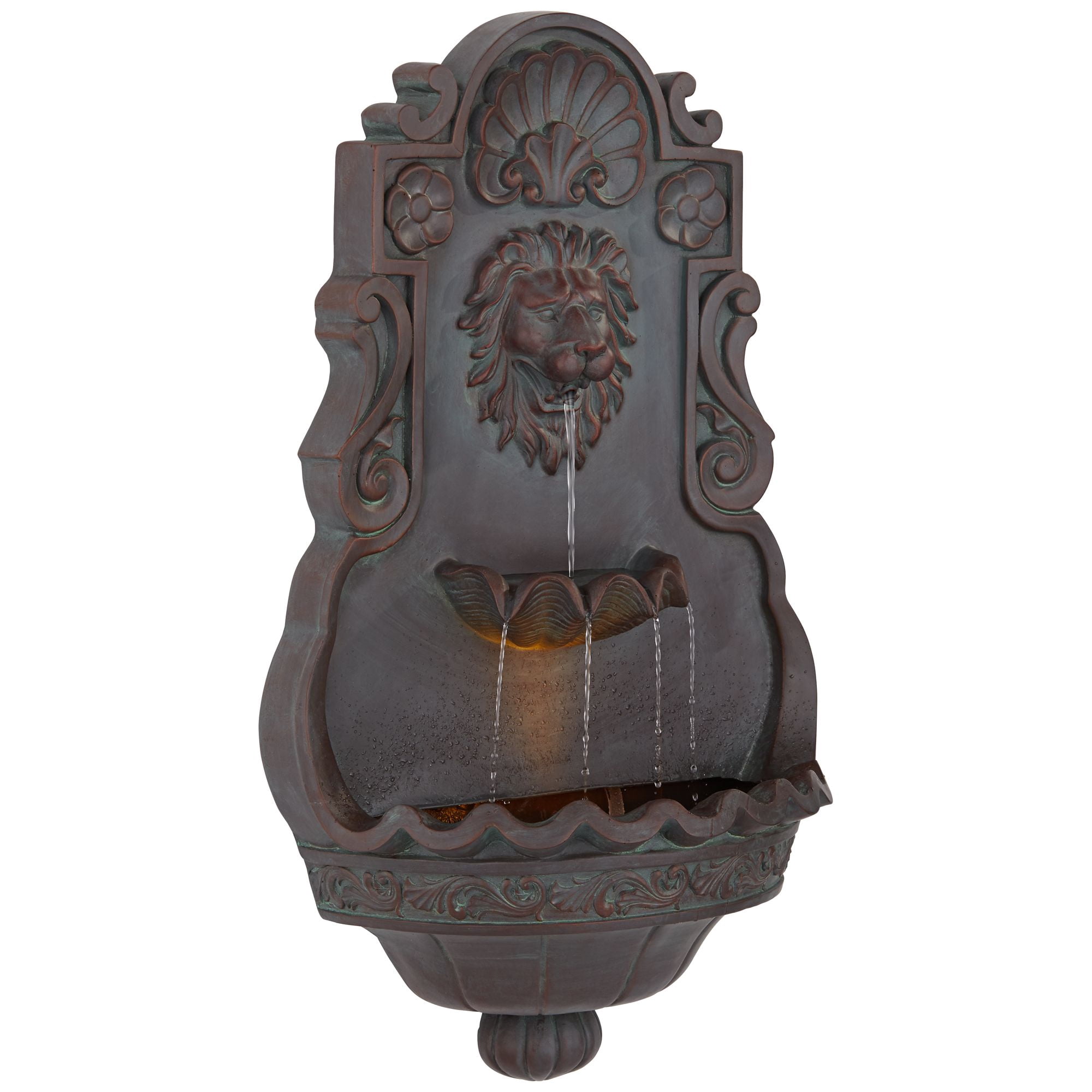 Royal Lion Head 31 1/2" High Large Rustic Indoor Outdoor Decor Bronze Wall Fountain with Light LED Outside