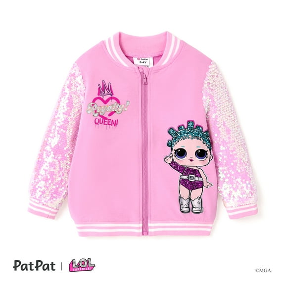 L.O.L. Surprise! Girls Bomber Jacket Pink Sequins Graphic Lightweight Zip-Up Varsity Jacket Sizes 3-8
