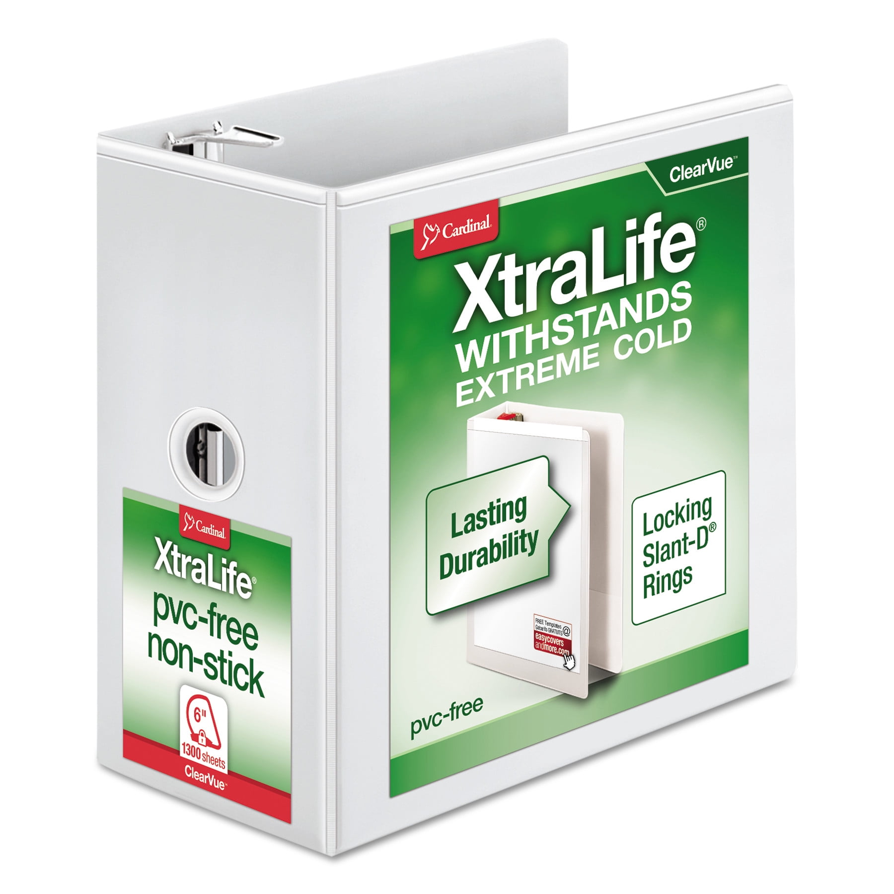 Cardinal XtraLife ClearVue Non-Stick Locking Slant-D Binder, 6' Cap, 11 x 8 1/2, White