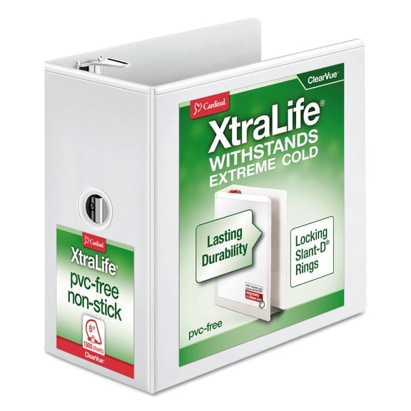 Cardinal® XtraLife ClearVue Nonstick Locking Slant D-Ring Binder, 6" Rings, 55% Recycled, White