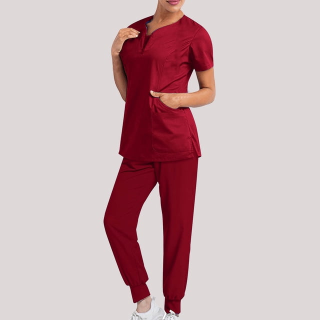 DPTALR Women Solid Color Loose Pants Multiple Pocket Caregiver Nursing Uniform Short Sleeve Zipper V-Neck Set