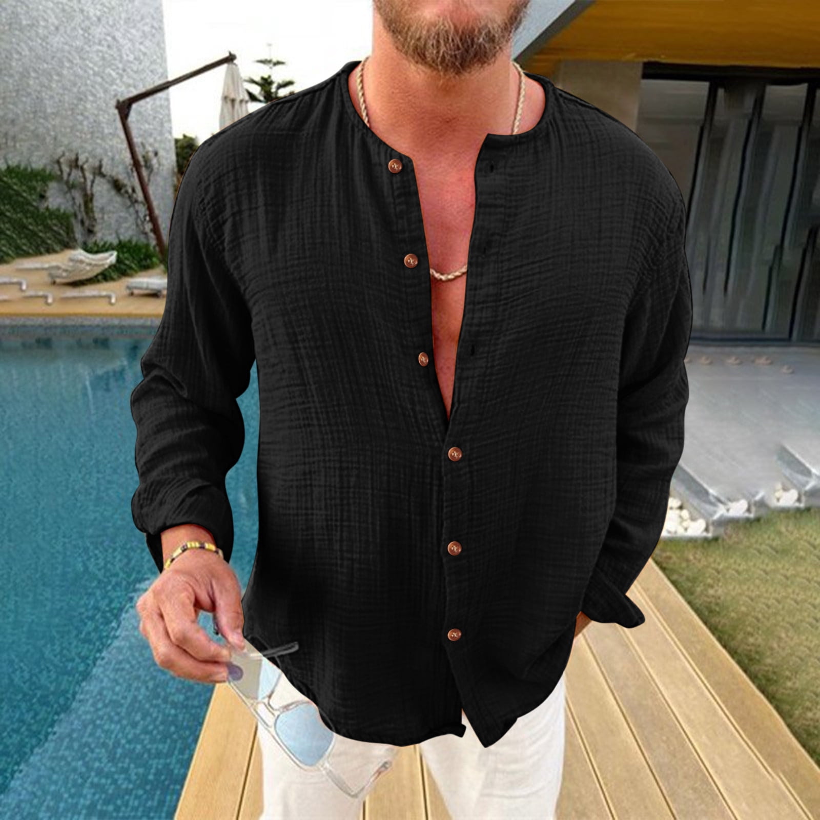 Men s T Shirts Autumn Solid Fold Collarless Long Sleeve Button Shirts for Men