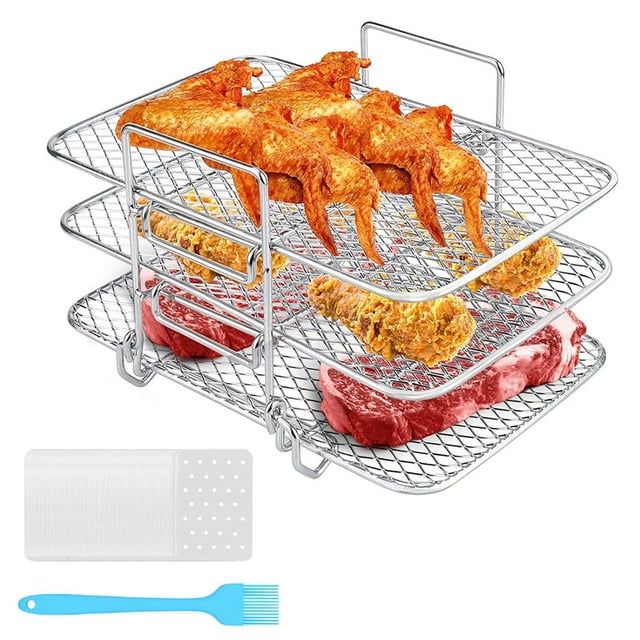 Stainless Steel Air Fryer Grill Rack with Silicone Mat Reusable Air Fryer Rack Accessories for Air Fryer Oven Roasting Kitchen
