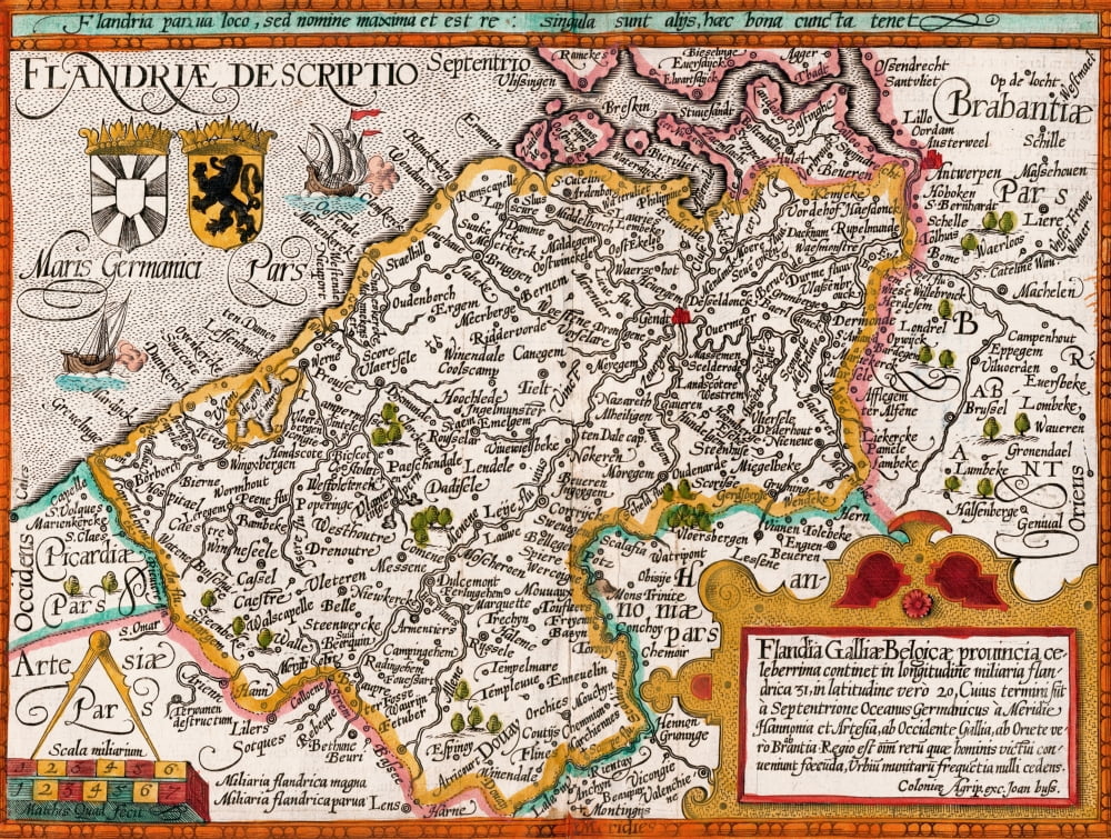 Map Of Flanders By Cartographer Matthias Quad From His Fasciculus Geographicus Later Hand Colouring Engraved And Published By Johannes Bussemacher Cologne 1608 Canvas Art - Ken Welsh Design Pics (16