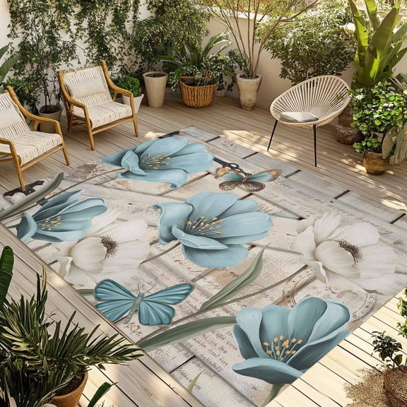 Teal Blue Tulips Outdoor Rug for Patio/Deck/Porch, Non-Slip Large Area Rug 5 x 8 Ft, Spring Floral Barn Doors Vintage Wood Beige Indoor Outdoor Rugs Washable Area Rugs, Camping Rug Carpet Runner