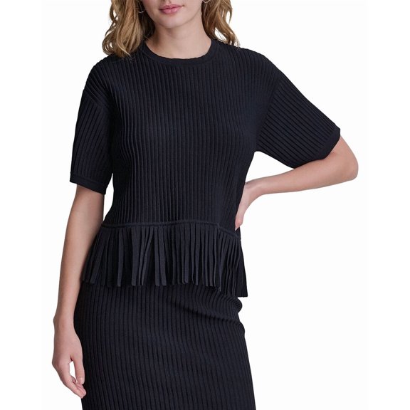 DKNY womens Fringe Sweater, l, Black