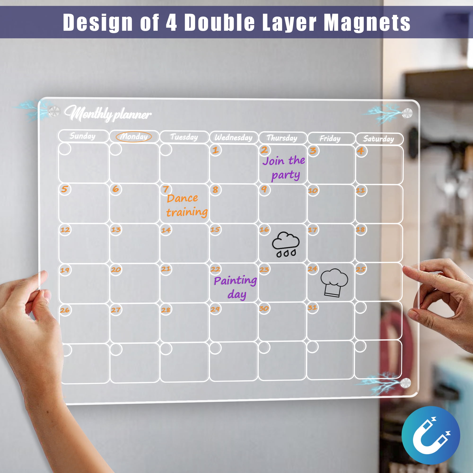 Acrylic Magnetic Monthly Calendar for Fridge, 16”×12” Acrylic Dry Erase  Calendar Clear Board, Monthly Magnetic Calendars Board for Refrigerator