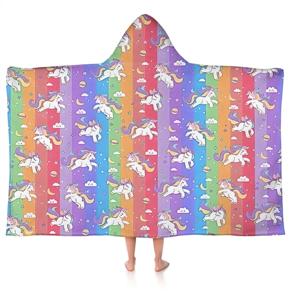 Colorful Stripe Unicorn Pattern Hooded Bath Towel,50"x30" for Ages 3 To 12 Kids, Quick Dry Lightweight Soft Microfiber Hood Beach Towel Cover Up for Kids