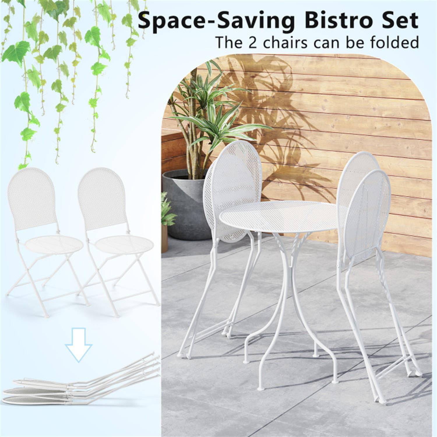 Demi Bonn 3 Piece Metal Bar Set with Patio Round Table and 2 Folding Chairs, Outdoor Bistro Sets Accent Furniture for Yard, Garden, White