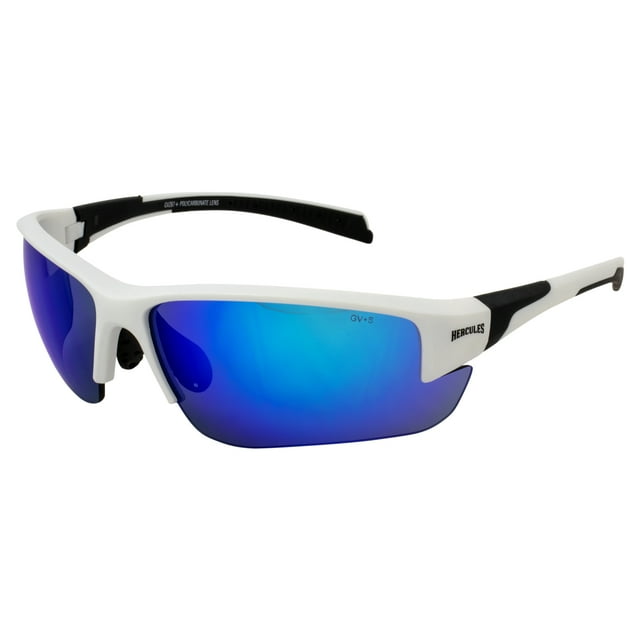Global Vision Hercules 7 Wraparound Motorcycle Riding Glasses for Men Z87.1 Scratch-Resistant White Frame w/ Blue Mirror Lens