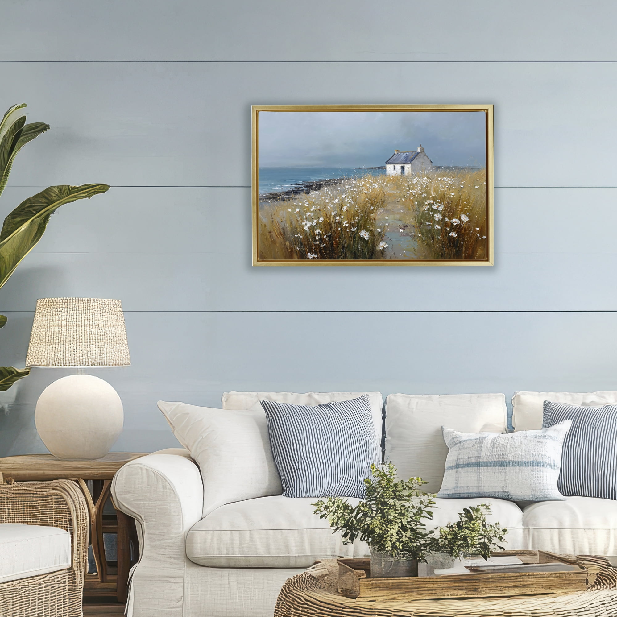 Stupell Industries Oceanfront Cottage Wildflowers Gold Framed Floater Canvas Wall Art, design by Petal Prints Design