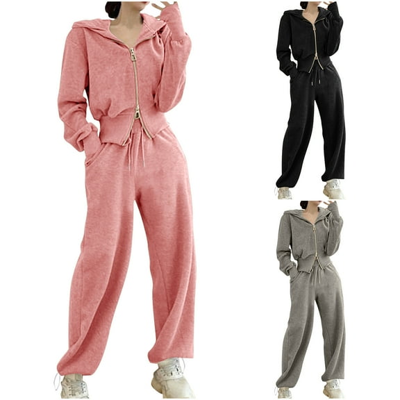 THDHVS Sweatsuits Women 2 Piece Outfit,Lounge Sets for Women,Women's Fashion Short Hooded Long Sleeve Wide with Trousers Hoodie Set Long Sleeve Hooded Set Black XL