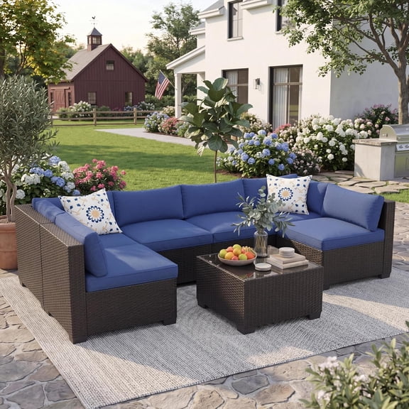 YUSAZENS 7-Piece Modular Rattan Wicker Patio Set, Outdoor Sectional Sofa with Washable Blue Cushions, All-Weather Black Gradient Vine with Tempered Glass Coffee Table for Garden, Deck, Poolside