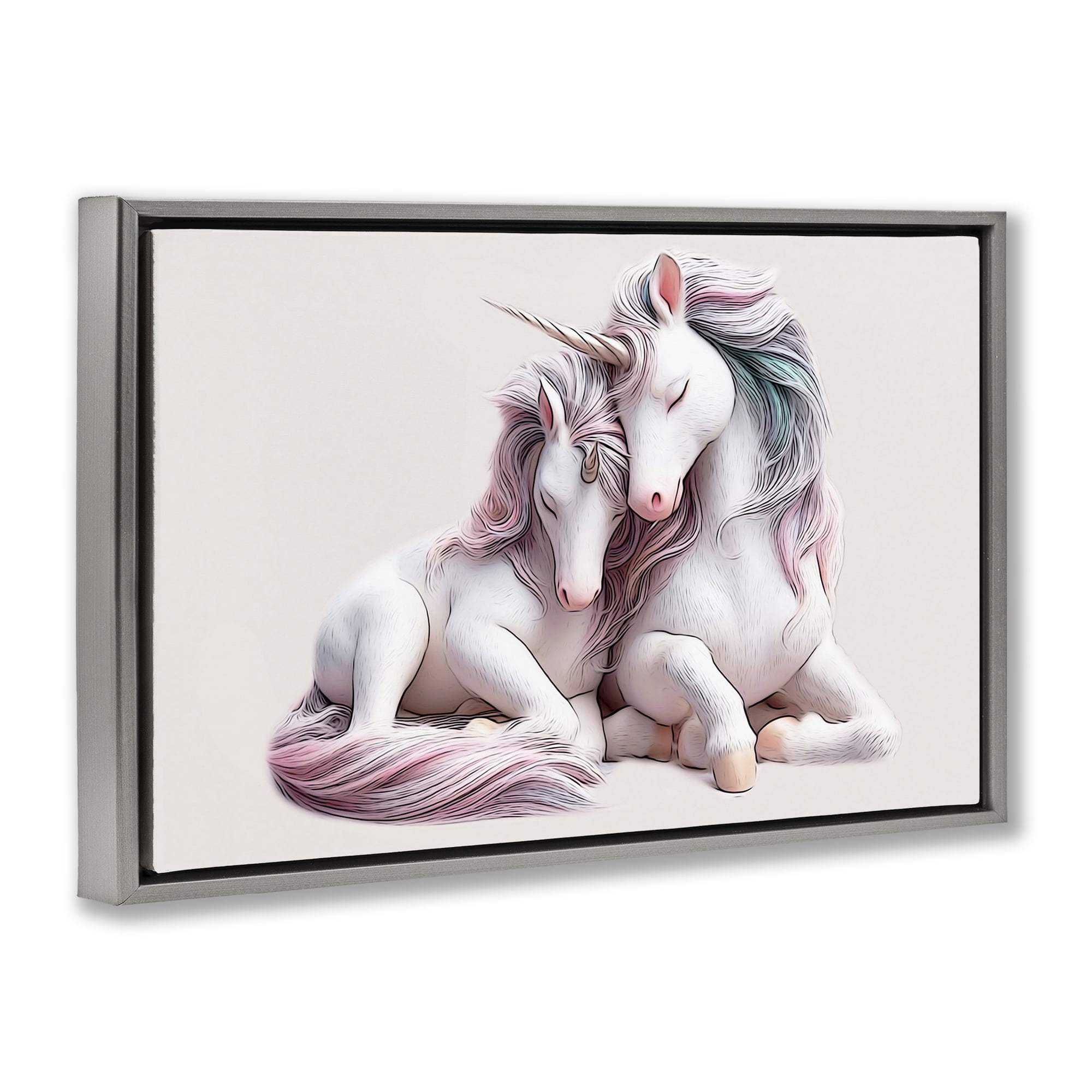 Stupell Industries Hugging Unicorn Pair Animals & Insects Painting Gray Floater Framed Art Print Wall Art, 31 x 21