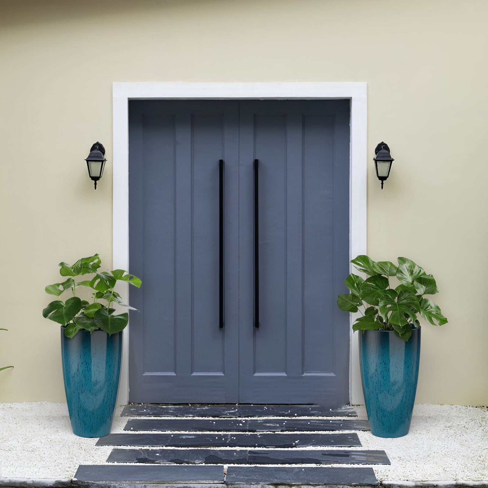 FIASON 2 Pack 21 Inch Dark Teal Blue Gradient Tall Plastic Planters, 10mm Thick Glossy Speckled Finish with Drainage Holes & 2-in-1 Saucer, Indoor Outdoor Planters for Front Porch Patio