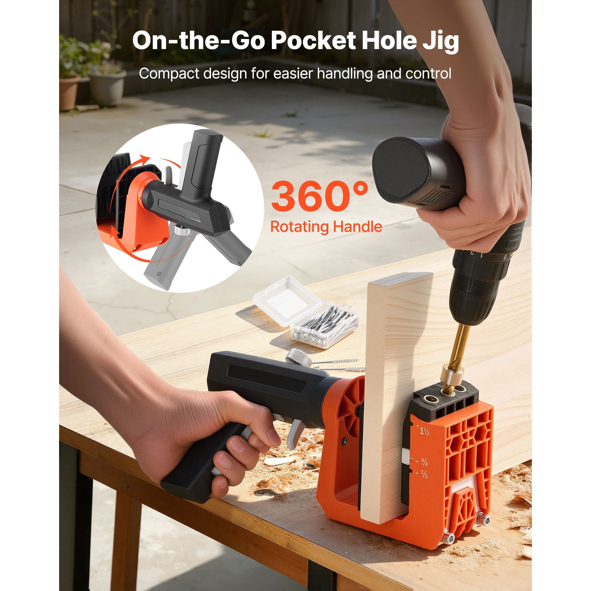 Pocket Hole Jig Kit, 1/2", 3/4", 1-1/2" Adjustable, 360 °   Rotating Handle, Jig Pocket Hole System with 260 Screws, C-Clamp, Stop Collar, Drill Bit, Easy Clamping and Adjusting, for Woodworking