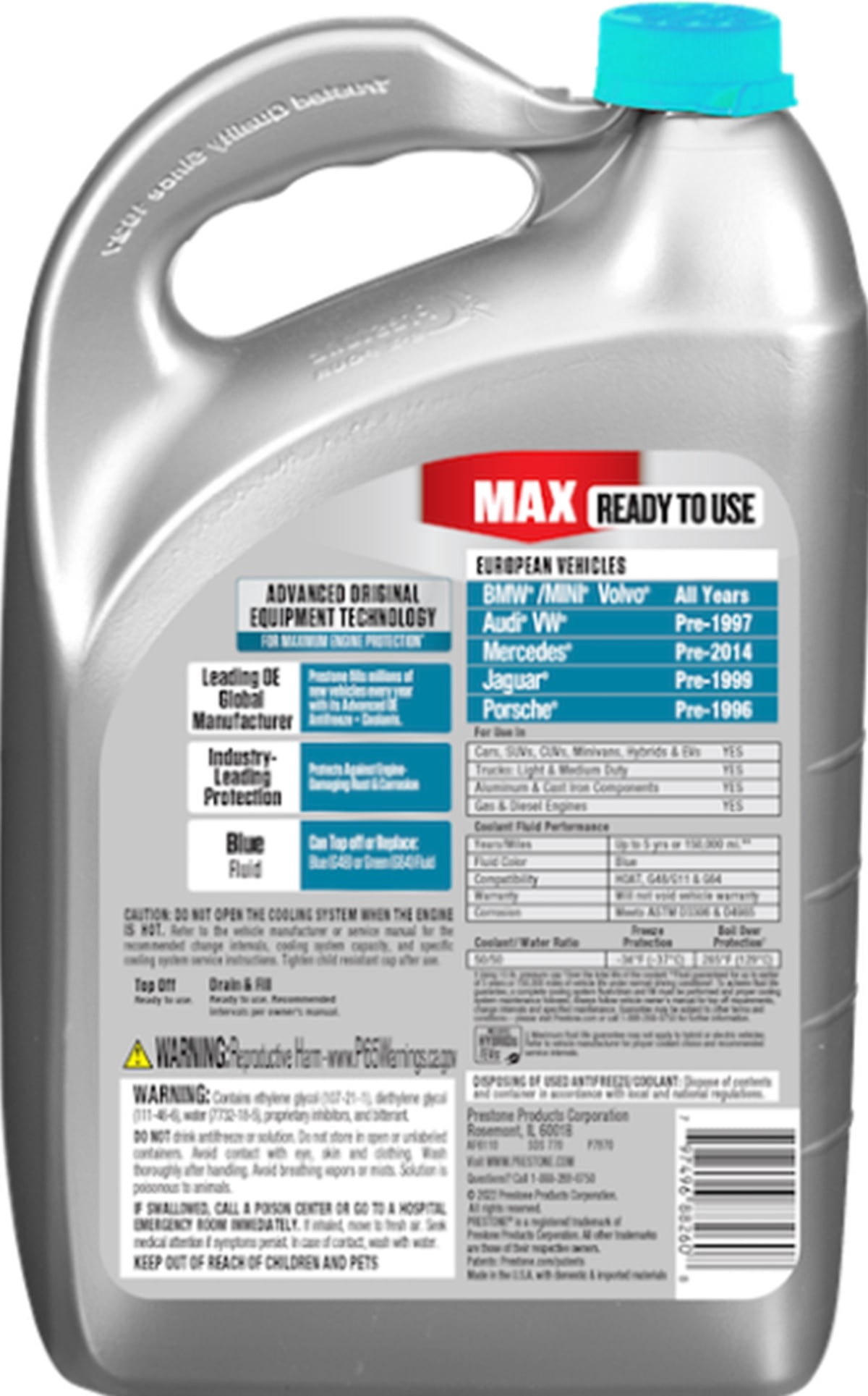 Prestone Max 50% European Lit Blue Af 6110 Antifreeze/Coolant, 1 Gallon