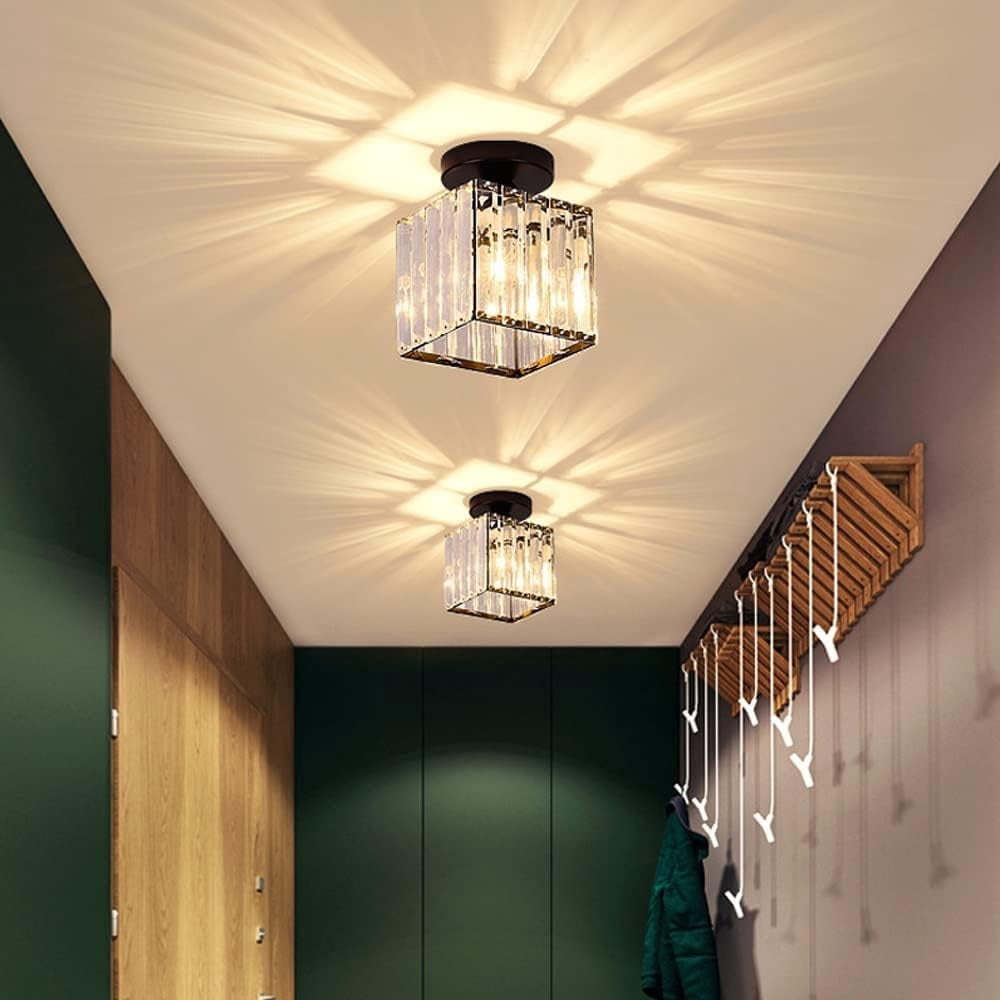 Briignite Semi Flush Mount Ceiling Light Fixture with Crystal Accents - Black Metal Cage Close to Ceiling Lighting Featuring E26 Base for Kitchen Bedroom Hallway Bathroom Entryway