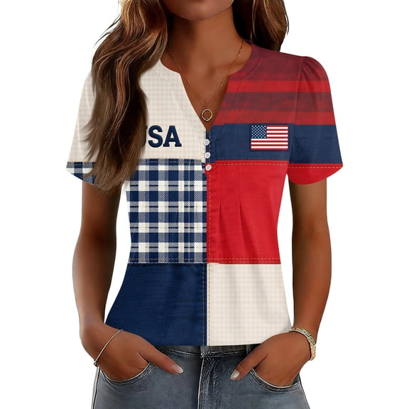 LWavelet Fourth of July Shirts for Women Short Sleeve Tops V-Neck Casual USA Patriotic Floral Embroidered Tee Navy XL